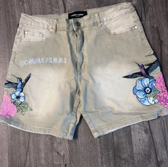 🆕 HOMME + FEMME 🔥 DENIM EMBROIDERED HUMMINGBIRD FLORAL SHORTS - Picture 2 of 7